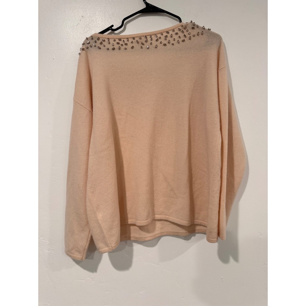 Garnet Hill 100% Cashmere Embellished Sweater Peach Pink Crystal Beaded XL